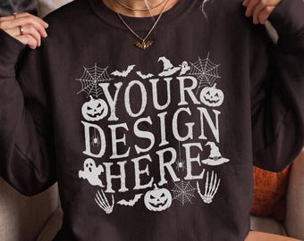 Gildan 18000 Dark Chocolate Halloween Mockup: Sweatshirt Fall Women Mockups, Female Model Autumn