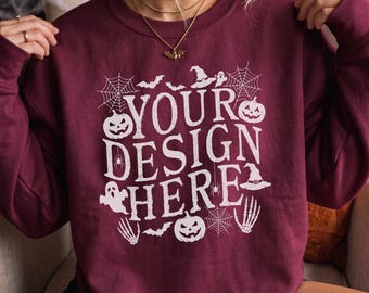 Gildan 18000 Maroon Halloween Mockup: Sweatshirt Fall Women Mockups, Female Model Autumn