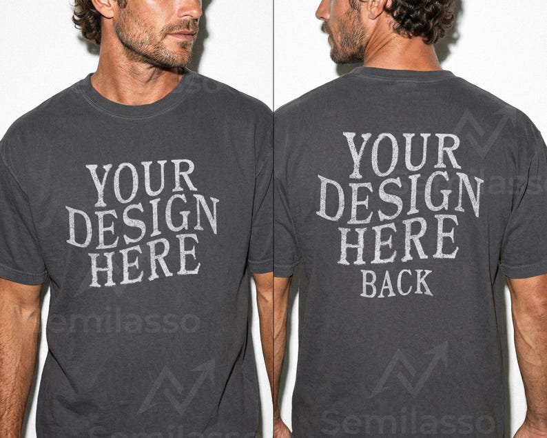May include: Charcoal gray t-shirt with the text "YOUR DESIGN HERE" on the front and "YOUR DESIGN HERE BACK" on the back. The shirt has a classic crew neck and short sleeves. The design is in a distressed, vintage style.