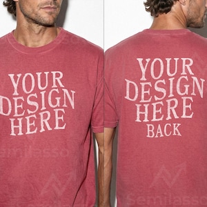 May include: A red t-shirt with the text "YOUR DESIGN HERE" printed on the front and "YOUR DESIGN HERE BACK" on the back. The shirt has a vintage, faded look.
