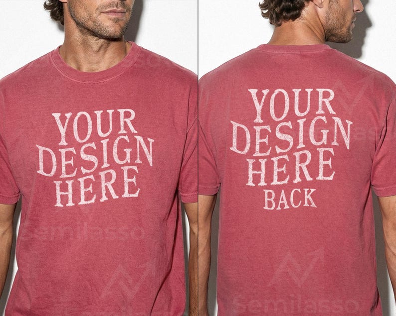 May include: A red t-shirt with the text "YOUR DESIGN HERE" printed on the front and "YOUR DESIGN HERE BACK" on the back. The shirt has a vintage, faded look.