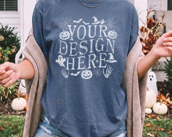 Comfort Colors 1717 Denim Halloween Mockup: C1717 Fall Women Mockups, Female Model Autumn