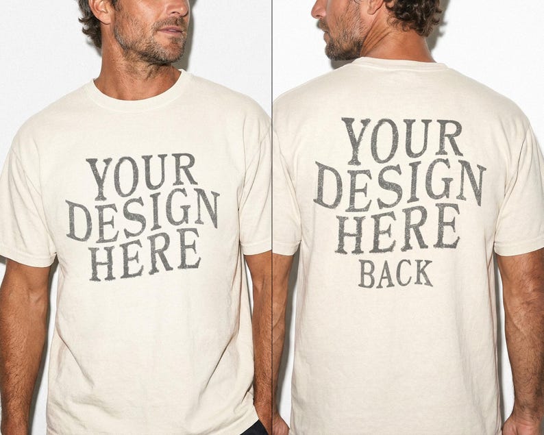 May include: Cream-colored t-shirt with the text "YOUR DESIGN HERE" printed on the front and back. The back of the shirt also includes the word "BACK" below the main text. The text is in a distressed, vintage-style font.