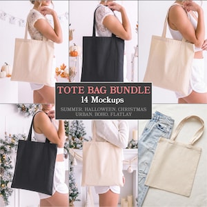 May include: A collection of tote bag mockups featuring plain canvas and black fabric bags. The images display various styles including seasonal themes like Halloween and Christmas, alongside urban and flatlay presentations with the text TOTE BAG BUNDLE 14 Mockups.