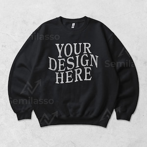 Flat Lay Gildan 18000 Black Sweatshirt Mockup: Trendy Oversized Sweater Mockups, Realistic Old School Flatlay Mock Up