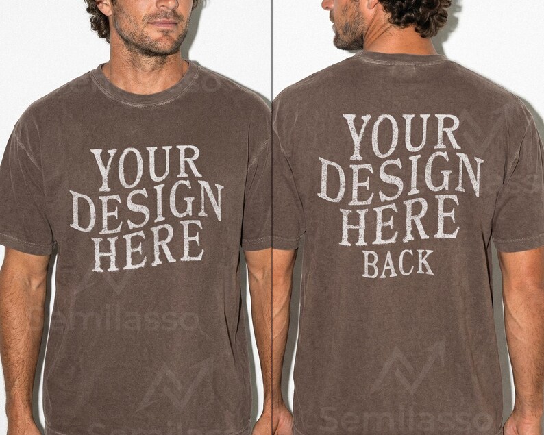 May include: Brown t-shirt with the text "YOUR DESIGN HERE" on the front and "YOUR DESIGN HERE BACK" on the back. The shirt has a crew neck and short sleeves. The fabric has a slightly faded appearance.