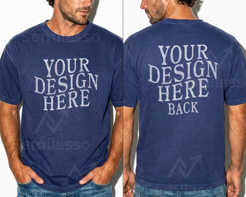 May include: Navy blue t-shirt with the text "YOUR DESIGN HERE" on the front and "YOUR DESIGN HERE BACK" on the back. The shirt is a crew neck style and has short sleeves. The shirt is worn by a person.