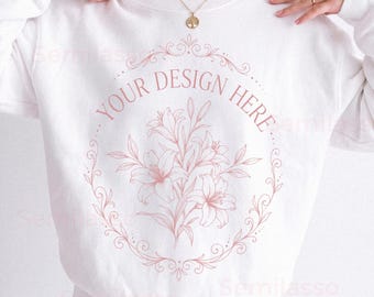 Gildan 18000 White Mockup Women: Sweatshirt Female Model Mockups, Professional Studio