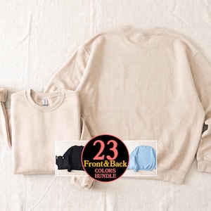 May include: A beige crewneck sweatshirt shown from the front and back. A circular graphic in the center displays the text 23 Front & Back COLORS BUNDLE, with smaller images of a black sweatshirt and a light blue sweatshirt on either side.