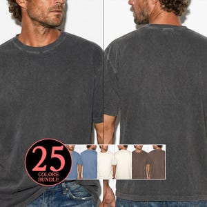 May include: A dark gray, short-sleeved t-shirt with a crew neck. The image shows the front and back of the shirt. A circular graphic with the number "25" and the words "COLORS BUNDLE" is in the lower left corner, with images of other shirt colors.