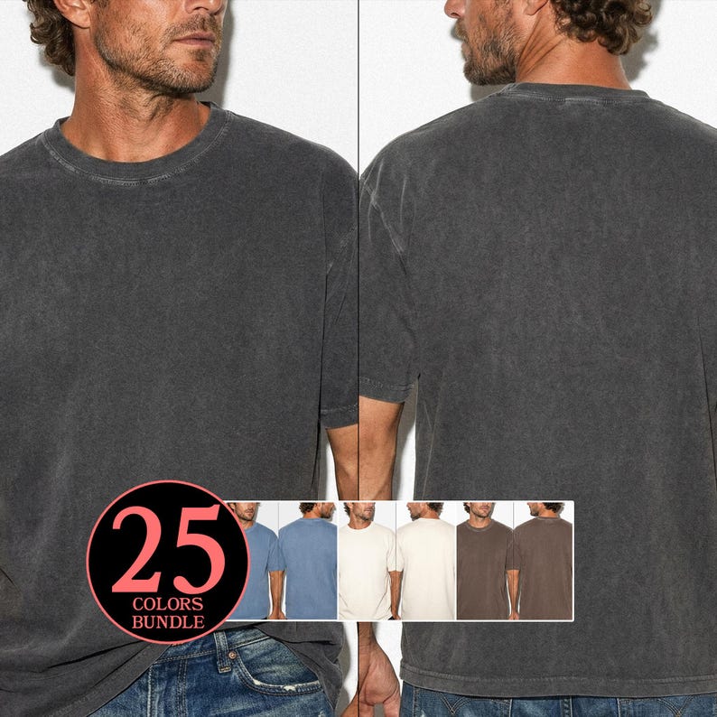 May include: A dark gray, short-sleeved t-shirt with a crew neck. The image shows the front and back of the shirt. A circular graphic with the number "25" and the words "COLORS BUNDLE" is in the lower left corner, with images of other shirt colors.
