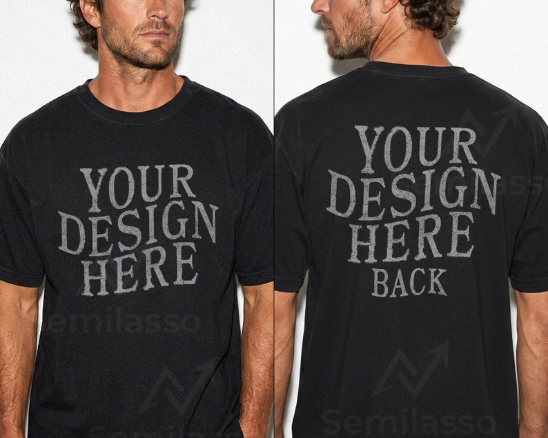 May include: Black crew neck t-shirt with the text "YOUR DESIGN HERE" on the front and "YOUR DESIGN HERE BACK" on the back in a distressed gray font. The shirt has a vintage look.