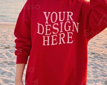 Gildan 18000 Red Mockup Beach: Female Sweatshirt Lifestyle Mockups, Trendy Women