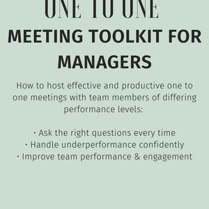 Puede incluir: Gráfico verde claro con el texto "ONE TO ONE MEETING TOOLKIT FOR MANAGERS". El texto describe cómo realizar reuniones eficaces, incluyendo hacer las preguntas correctas y mejorar el rendimiento.