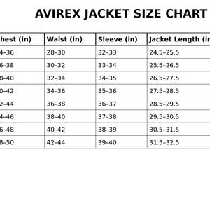 May include: A white chart titled "AVIREX JACKET SIZE CHART (US)" with size measurements in inches. The chart includes sizes XS to 4XL, detailing chest, waist, sleeve, and jacket length measurements for each size. The chart is on a white background.