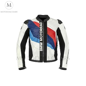 May include: White motorcycle jacket with black detailing and a colour block design featuring blue, red, and white stripes. The jacket has the text "BMW MOTORRAD" printed vertically on the front.