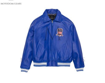 Men's Blue Avirex Real Bomber American Flight Jacket, Genuine Sheepskin, Gift For Him