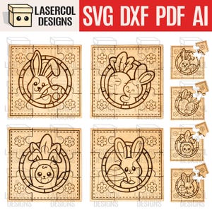 May include: Wooden jigsaw puzzles featuring Easter bunny designs. Each puzzle is composed of multiple pieces and depicts a bunny with carrots, eggs, or in a circular frame. The puzzles are laser cut and include the text "LASERCOL DESIGNS" and "SVG DXF PDF AI".