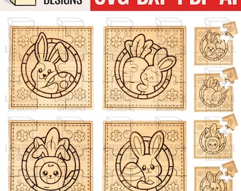 May include: Wooden jigsaw puzzles featuring Easter bunny designs. Each puzzle is composed of multiple pieces and depicts a bunny with carrots, eggs, or in a circular frame. The puzzles are laser cut and include the text "LASERCOL DESIGNS" and "SVG DXF PDF AI".