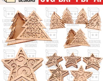 Christmas Tree and Star Box Bundle (2 Sizes, 5 Styles) - Laser Cut Files - SVG+DXF+PDF