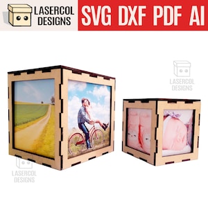 Puede incluir: Dos cajas de fotos de madera con diseños cortados con láser. Una caja muestra una pareja en bicicleta, la otra artículos para bebés. Las cajas tienen un acabado de madera natural y están diseñadas para guardar fotos. El banner superior dice "SVG DXF PDF AI".