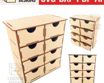 May include: A wooden miniature chest of drawers with eight pull-out drawers. The chest is made of light-colored wood and has a simple, geometric design. The text "LASERCOL DESIGNS" and "SVG DXF PDF AI" are visible.