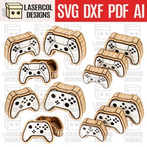 May include: Wooden laser-cut designs of video game controllers. The controllers are white with black buttons and details, set within a light brown frame. The image includes the text "LASERCOL DESIGNS SVG DXF PDF AI".