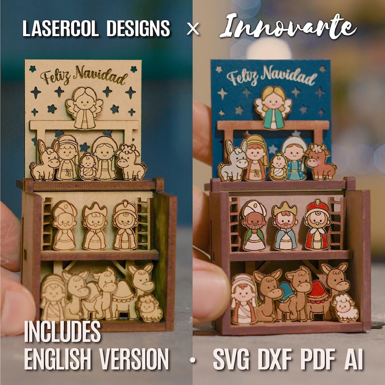 May include: Two tiered wooden nativity scene displays featuring laser cut figures of an angel, holy family, animals, and wise men. The top level shows the nativity scene with the text Feliz Navidad. The bottom level displays additional figures.