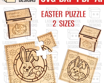 May include: Laser-cut wooden Easter puzzle with a bunny and egg design. The puzzle comes in two sizes and includes a matching box with the words "Easter Puzzle". The image also includes the text "SVG DXF PDF AI".