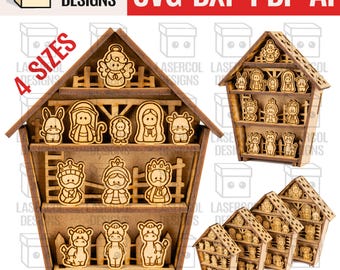 May include: Wooden nativity scene with laser-cut figures. The scene is in a barn-shaped structure with multiple shelves. The figures include an angel, animals, and the holy family. The image includes the text "LASERCOL DESIGNS SVG DXF PDF AI" and "4 SIZES".