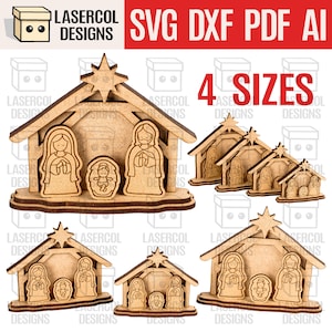 Puede incluir: Recortes de madera de escenas de la Natividad en varios tamaños. Cada escena presenta un establo con María, José y el niño Jesús. La imagen incluye el texto "4 SIZES" y el logotipo de Lasercol Designs.