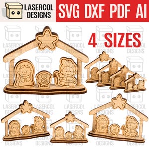 May include: Wooden nativity scene set in various sizes. Each scene features a star-topped stable with figures of Mary, Joseph, and baby Jesus. The image includes the text "4 SIZES" and the brand name "LASERCOL DESIGNS".