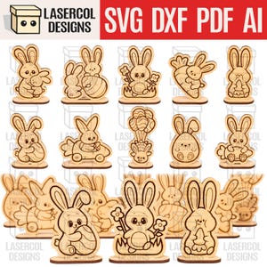 May include: A collection of laser-cut wooden Easter bunny figurines in various poses, including holding carrots, eggs, and flowers. The figurines are displayed on small wooden bases. The image includes the text "LASERCOL DESIGNS" and "SVG DXF PDF AI".