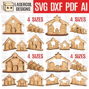 May include: Wooden nativity scene cutouts in various designs and sizes. The image shows multiple laser-cut wooden nativity scenes, each depicting the holy family and other figures. The text "4 SIZES" is visible, indicating different size options.
