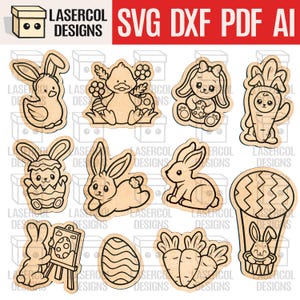 May include: A collection of laser-cut wooden Easter-themed shapes. The designs include bunnies, chicks, carrots, and Easter eggs. The text "LASERCOL DESIGNS" and "SVG DXF PDF AI" are visible.