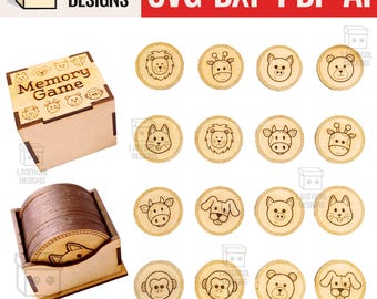メモリーゲーム（動物）バージョン2 - レーザーカットファイル - SVG+DXF+PDF - キッズボードゲーム