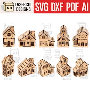 Könnte beinhalten: Eine Sammlung von lasergeschnittenen Holzhausmodellen mit detaillierten Designs, darunter Fenster, Türen und dekorative Muster. Die Häuser variieren im Design und weisen unterschiedliche Dachformen und architektonische Elemente auf. Der Text "LASERCOL DESIGNS SVG DXF PDF AI" ist enthalten.