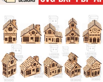 May include: A collection of laser-cut wooden house models with intricate details, including windows, doors, and decorative patterns. The houses vary in design, featuring different roof styles and architectural elements. The image includes the text "LASERCOL DESIGNS SVG DXF PDF AI".