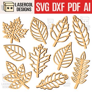 Puede incluir: Un conjunto de hojas de madera cortadas con láser en varios diseños. Las hojas son de color marrón claro con patrones de venas detallados, ideales para manualidades o decoración otoñal. La imagen incluye el texto "LASERCOL DESIGNS SVG DXF PDF AI".