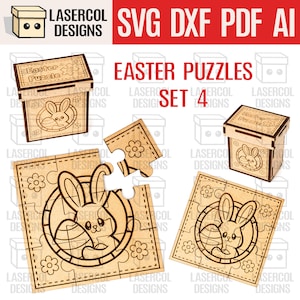 Op de afbeelding: Lasergesneden houten paaspuzzels en opbergdozen. De puzzels tonen een konijn met een ei, omringd door een cirkel en bloemen. De dozen zijn voorzien van het opschrift "Easter Puzzle" en hebben een konijnenontwerp. De set bevat de tekst "Set 4".