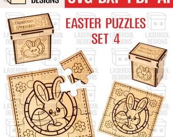 May include: Laser-cut wooden Easter puzzles and storage boxes. The puzzles feature a bunny holding an egg, surrounded by a circle and flowers. The boxes are labeled "Easter Puzzle" and have a bunny design. The set includes the text "Set 4".