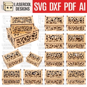 Puede incluir: Una colección de cajas de madera cortadas con láser con intrincados diseños florales y de hojas. Las cajas varían en tamaño y patrones de tapa, mostrando una artesanía detallada. El texto "LASERCOL DESIGNS SVG DXF PDF AI" es visible.