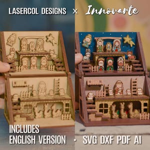 Puede incluir: Un belén de madera de dos pisos con figuras cortadas a láser de la sagrada familia, los reyes magos, ángeles y animales. La estructura incluye escaleras, escalas y vallas. El texto dice LASERCOL DESIGNS x Innovarte, INCLUDES ENGLISH VERSION, SVG DXF PDF AI.