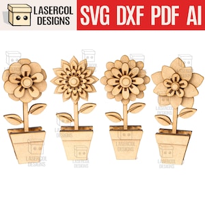 Könnte beinhalten: Vier Holzblumen-Ausschnitte in Töpfen. Jede Blume hat ein anderes Blütenblattdesign mit Blättern und Stielen. Die Töpfe sind quadratisch. Oben im Bild steht der Text "LASERCOL DESIGNS SVG DXF PDF AI".