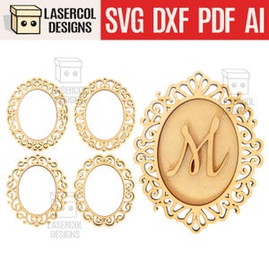 May include: Wooden oval frames and a monogram initial 'M' in a decorative frame. The frames have an ornate, openwork design. The text 'LASERCOL DESIGNS' and 'SVG DXF PDF AI' are visible.