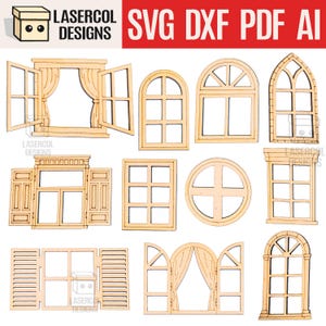 Puede incluir: Una colección de diseños de ventanas de madera cortadas con láser en varias formas y estilos. Las ventanas incluyen marcos arqueados, rectangulares y circulares, algunos con persianas o cortinas. La imagen también incluye el texto "LASERCOL DESIGNS" y "SVG DXF PDF AI".