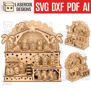 Julkrubba - Julklapp - Laserskurna filer - SVG+DXF+PDF - Glowforge-filer - Pesebre - Nacimiento