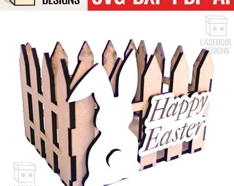 May include: A wooden Easter basket with a picket fence design. A white bunny silhouette is on the side, and the words "Happy Easter" are displayed on the front. The Lasercol Designs logo is in the top left corner.