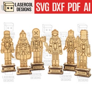 Puede incluir: Figuras de cascanueces de madera con placas de identificación individuales. Cada figura tiene un diseño diferente, sosteniendo varios objetos. El texto "LASERCOL DESIGNS" y "SVG DXF PDF AI" son visibles.