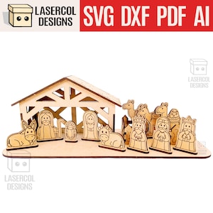 May include: A wooden nativity scene featuring figures of Jesus, Mary, Joseph, animals, and the Three Wise Men. The scene includes a stable and is made of light-coloured wood. The text "SVG DXF PDF AI" is displayed.